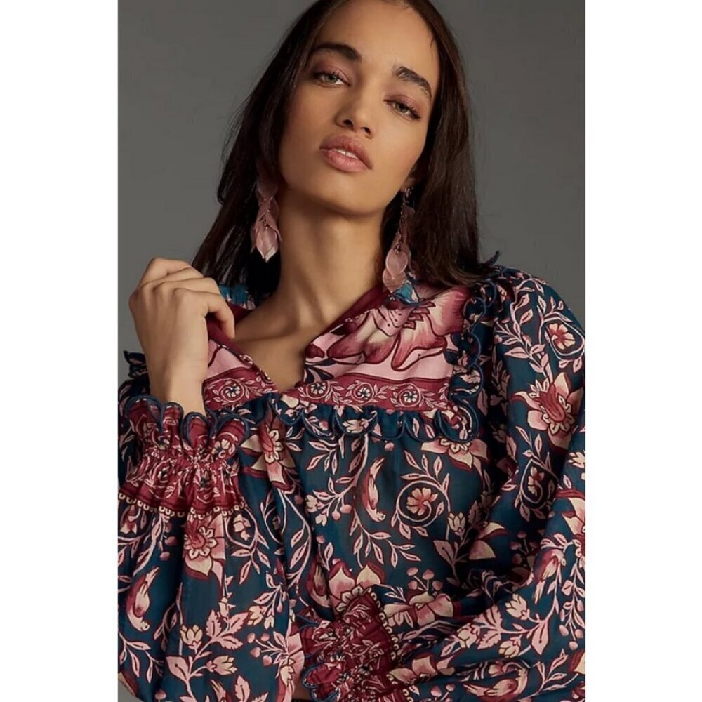 💕FARM RIO💕 Teal Ainika Charm Long Sleeve Blouse Tropical Floral Print XXS NWT